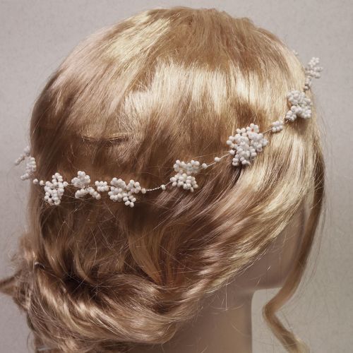 Biżuteryjna, ślubna opaska na włosy z białym motywem