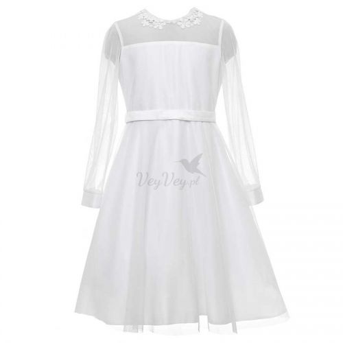 Biała sukienka komunijna, z długim, przezroczystym rękawem