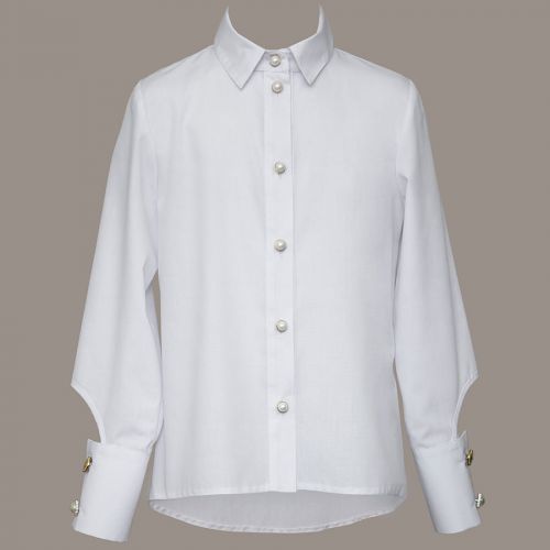 Biała koszula szkolna z długim rękawem, fantazyjnie wyciętym