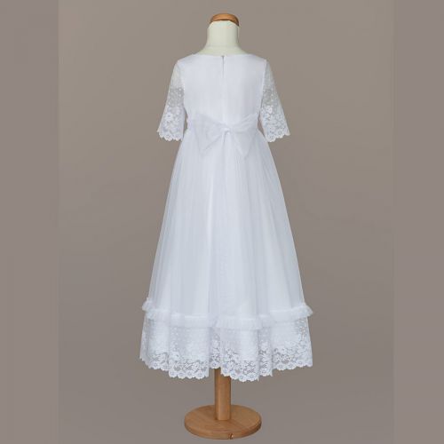 Biała sukienka do I Komunii z tiulu, ozdobiona koronką