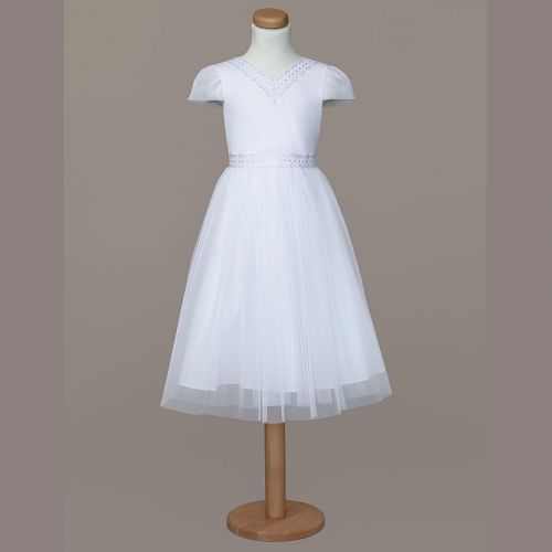 Biała, bezpretensjonalna sukienka komunijna z krótkimi rękawami