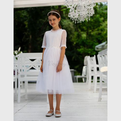 Biała sukienka komunijna z tiulu i koronki