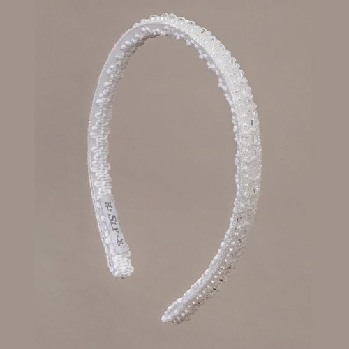 Biała opaska do sukienki komunijnej, ozdobiona perełkami