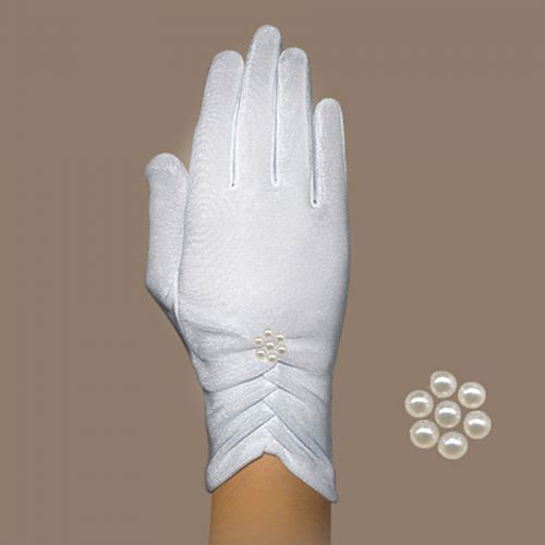 Krótkie komunijne rękawiczki z palcami, ozdobione perełkami